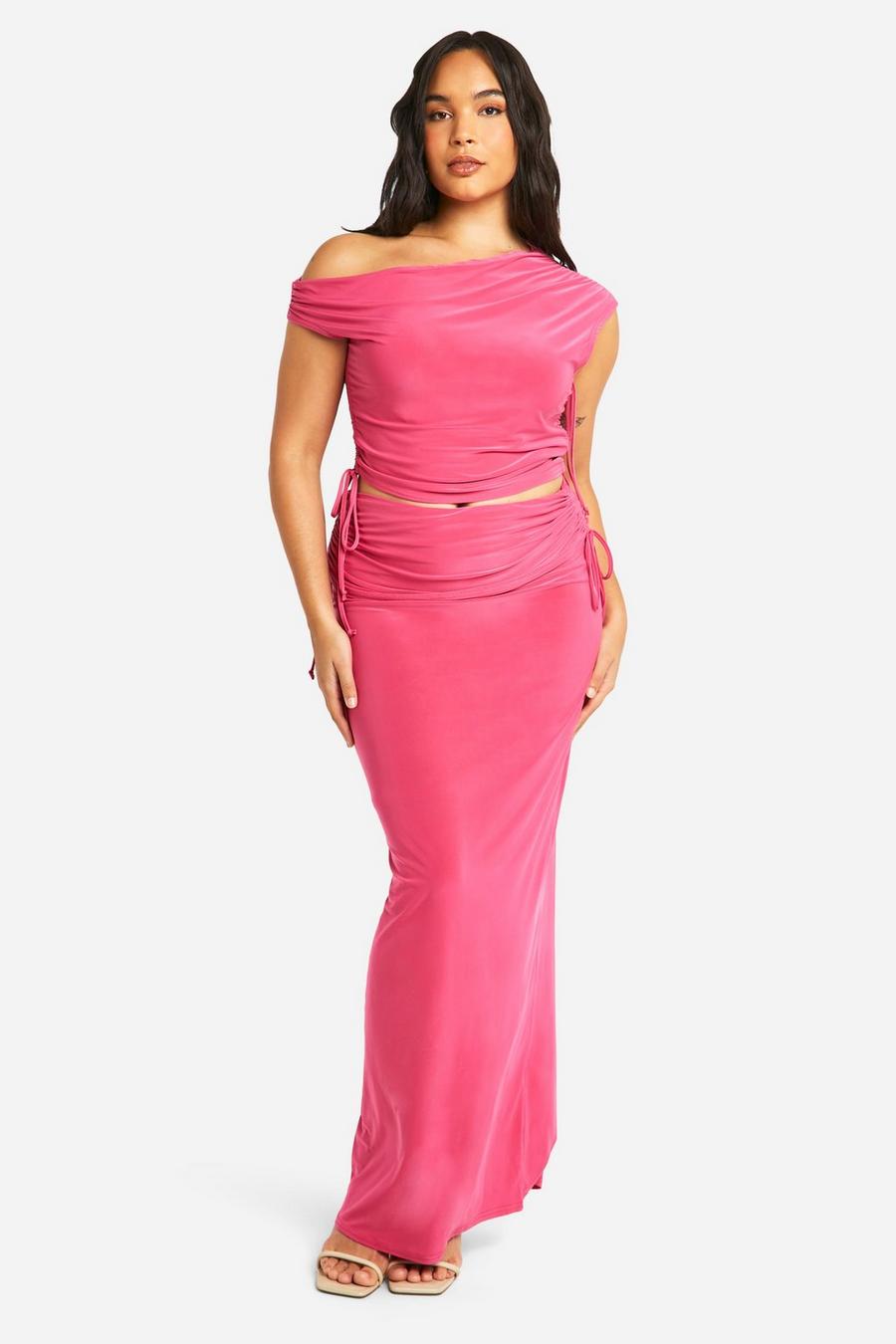 Candy pink Plus Double Slinky Asymmetric Top & Fold Over Skirt Co Ord 