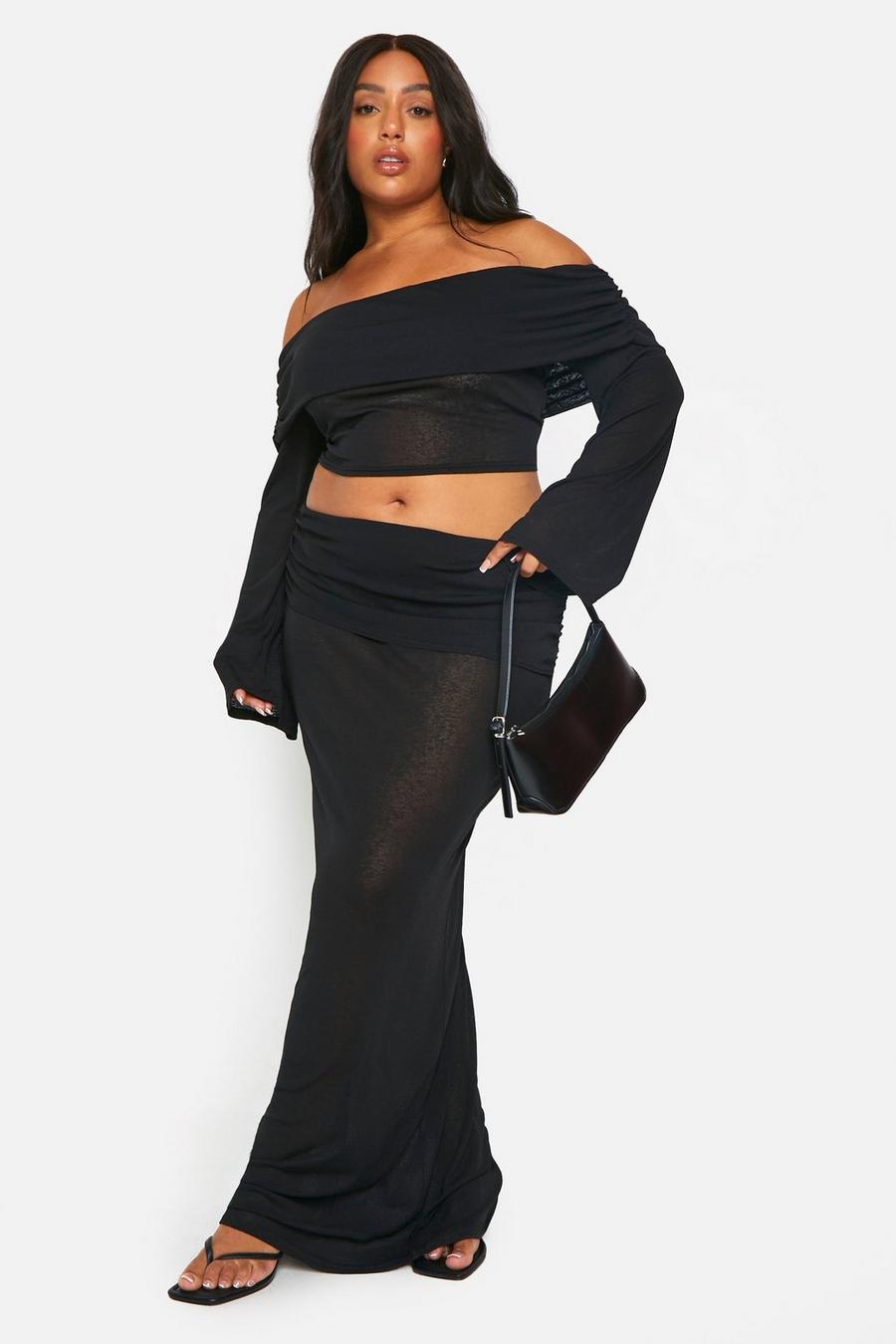 Black Plus Textured Off Shoulder Top & Maxi Skirt Co Ord 
