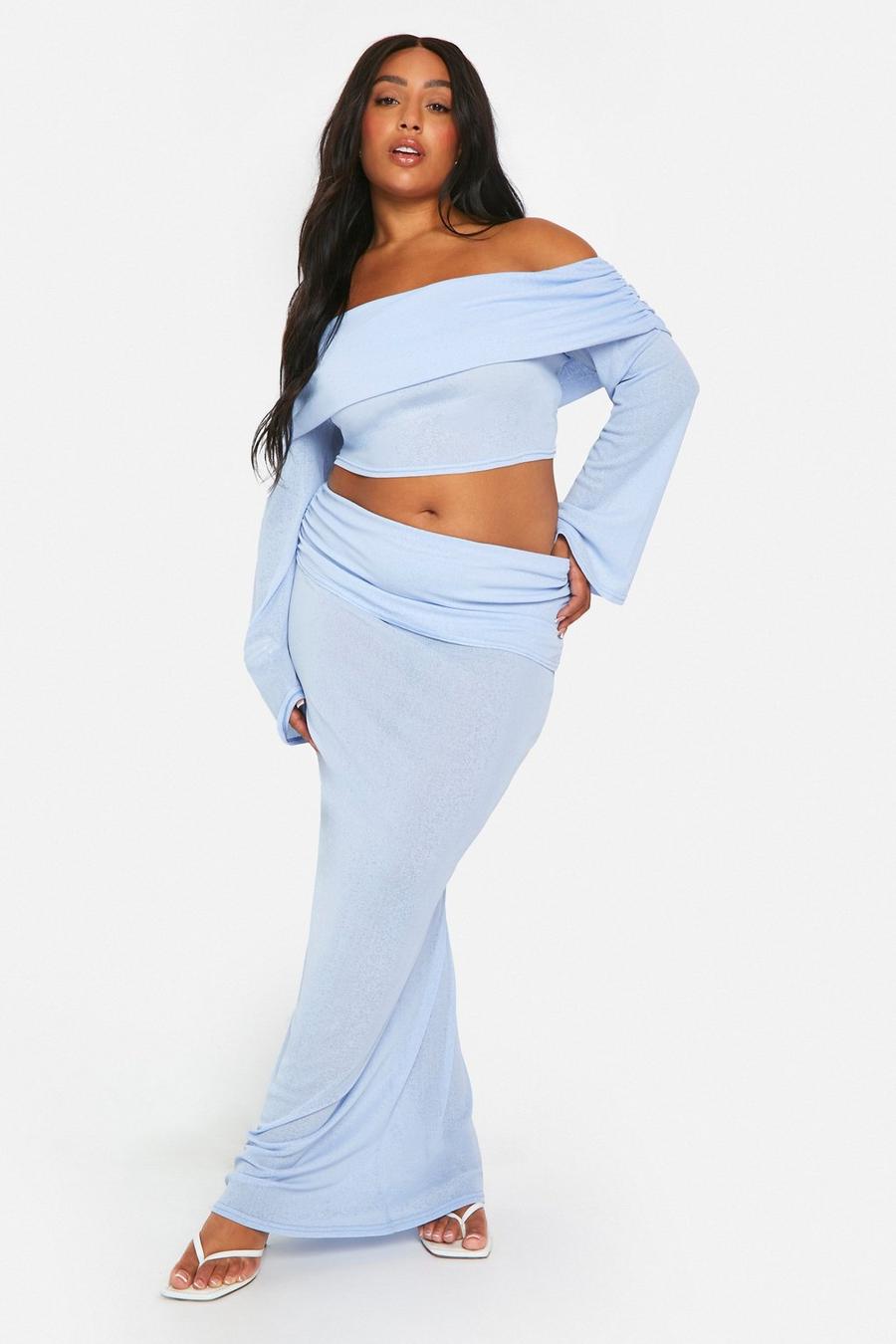 Blue Plus Textured Off Shoulder Top & Maxi Skirt Co Ord  image number 1