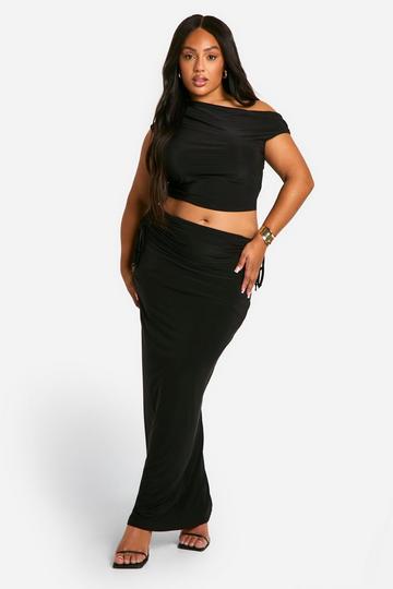 Plus Double Slinky Asymmetric Top & Fold Over Skirt Two-Piece black