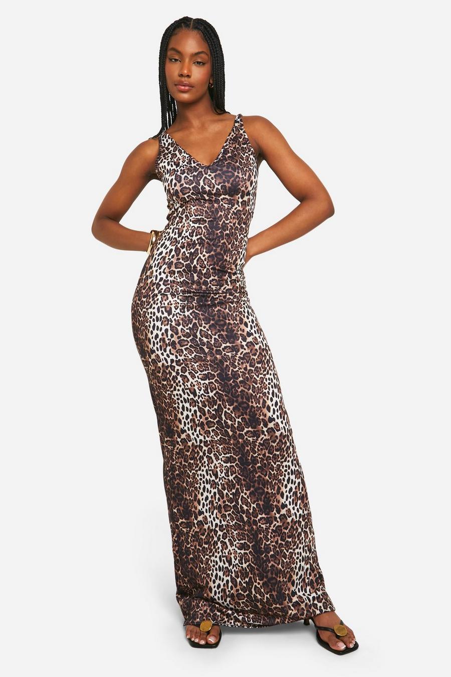 Brown Tall Leopard Print V Neck Maxi Dress image number 1