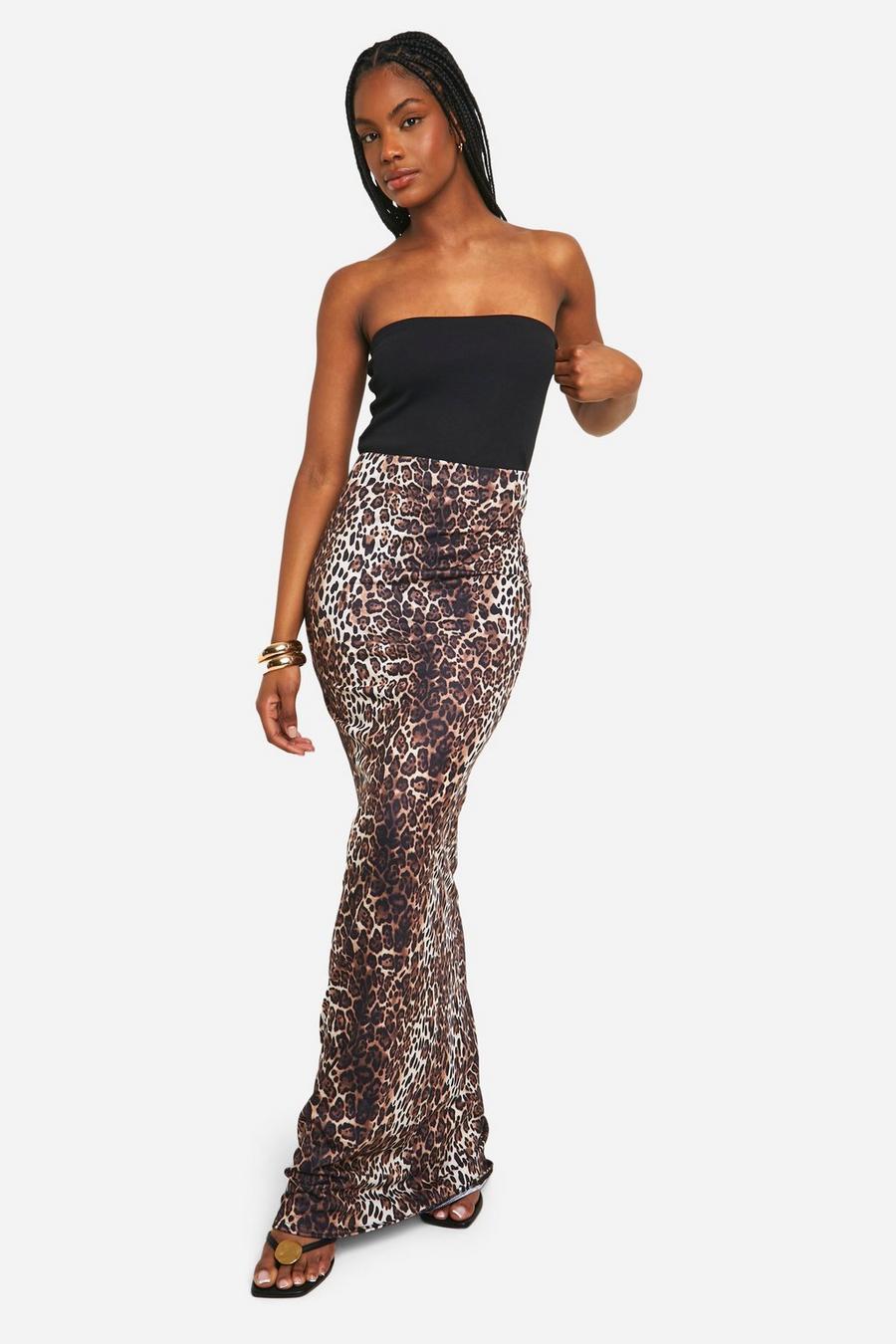 Brown Tall Leopard Jersey Maxi Skirt