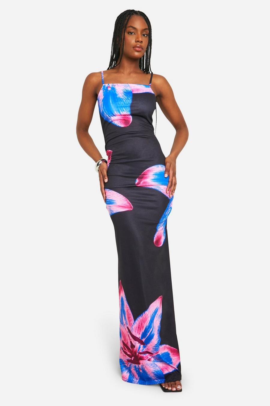 Black Tall Square Neck Floral Maxi Dress image number 1
