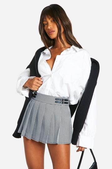 Black Houndstooth Buckle Detail Pleated Mini Skirt