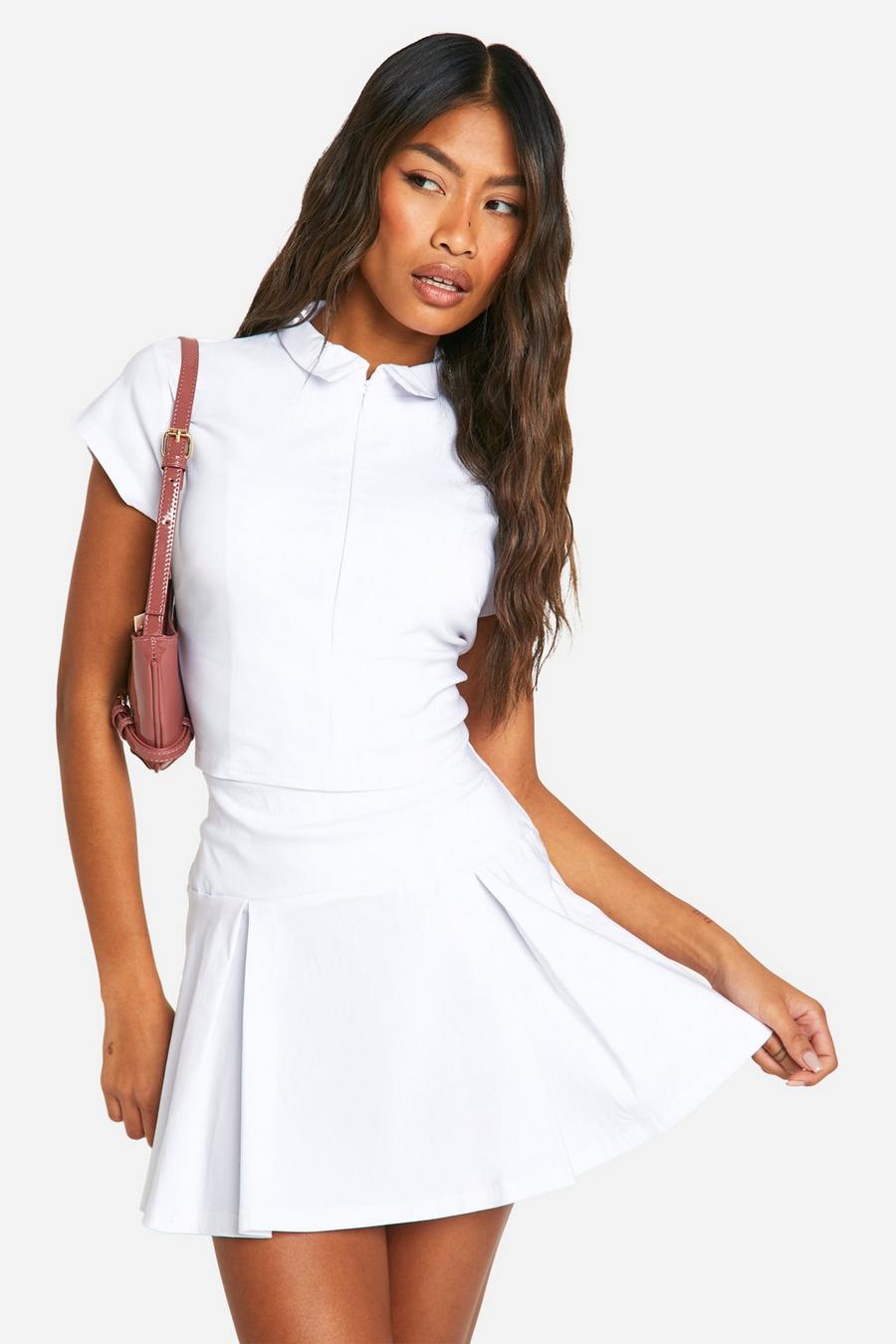 White Bengaline Collared Zip Up Top And Pleated Skirt Set