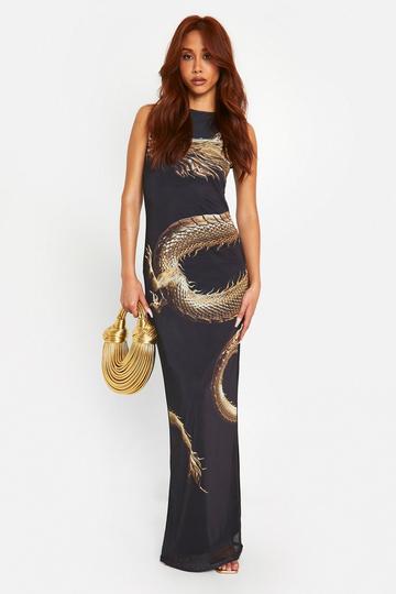 Mesh Dragon Print Racer Neck Maxi Dress black