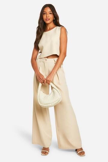 High Waisted Pleated Wide Leg Trouser sand