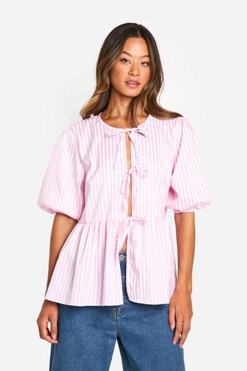 Tall Stripe Tie Front Volume Sleeve Cotton Top pale pink