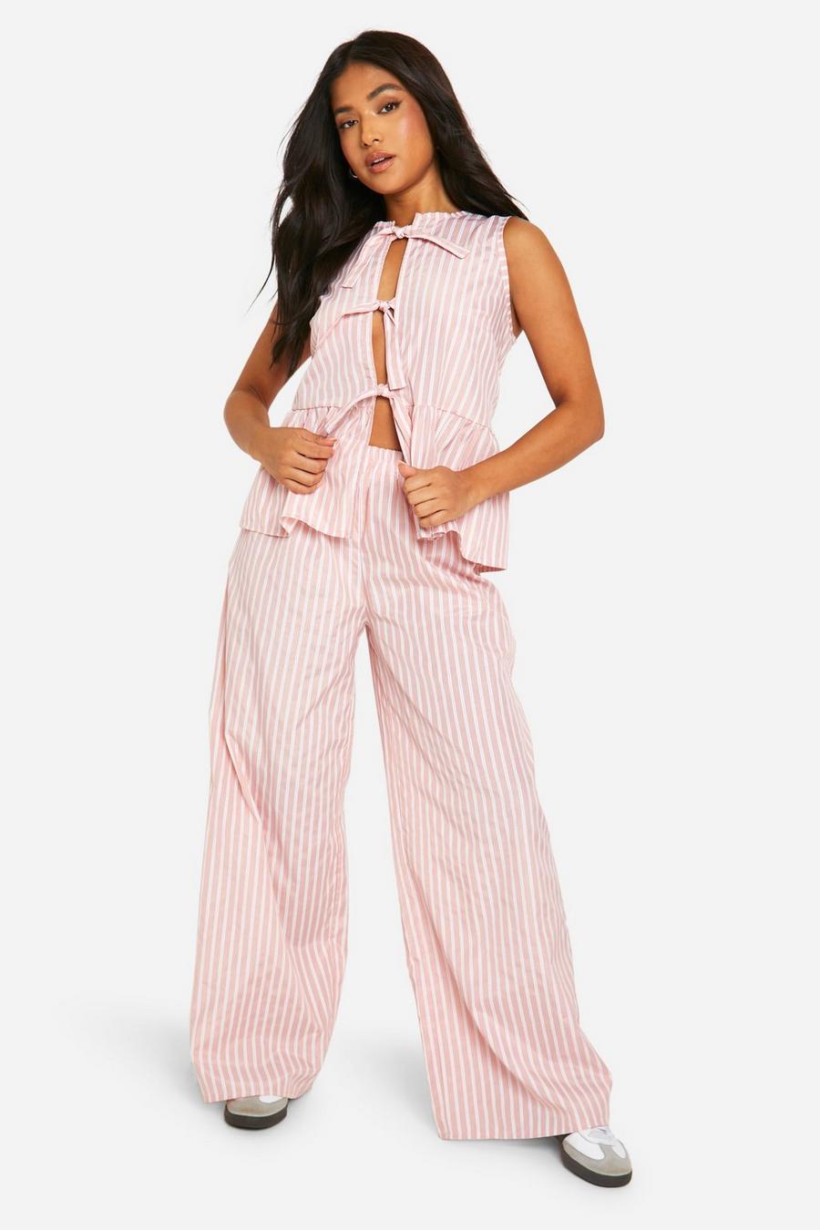 Pink Petite Stripe Tie Front Top And Wide Leg Trouser Set 