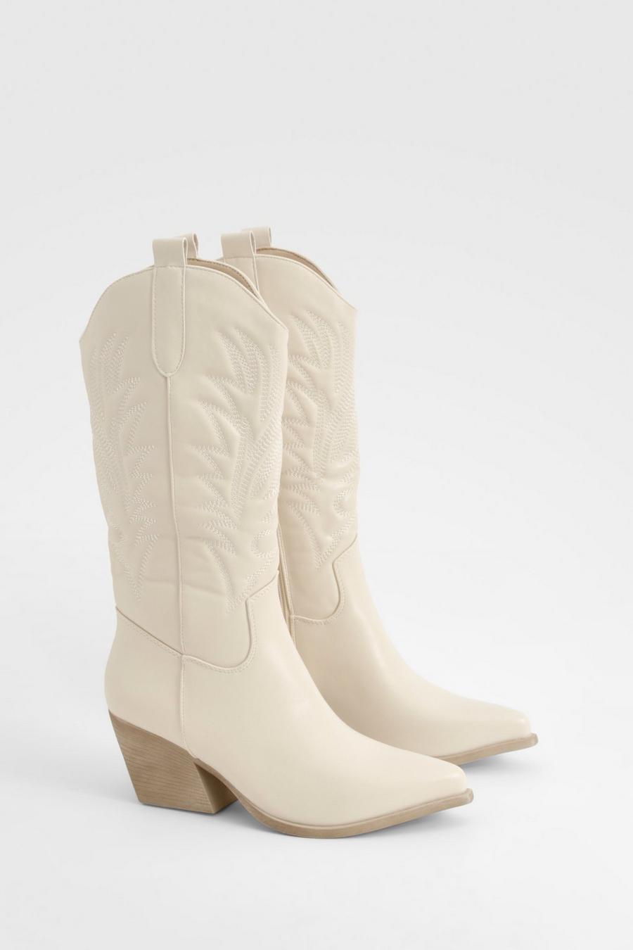 Beige Embroidered Knee High Western Boots