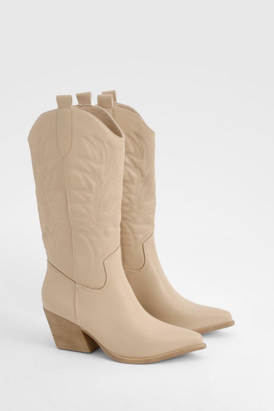 Taupe Embroidered Knee High Western Boots