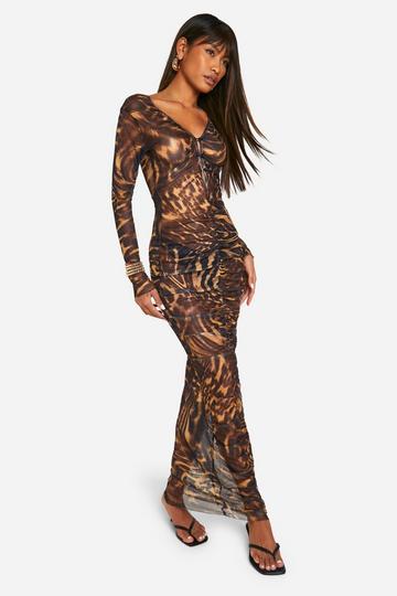 Geplooide Mesh Luipaardprint Maxi Jurk Met Knopen leopard