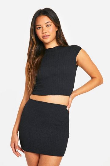 Textured Lettuce Hem Mini Skirt black