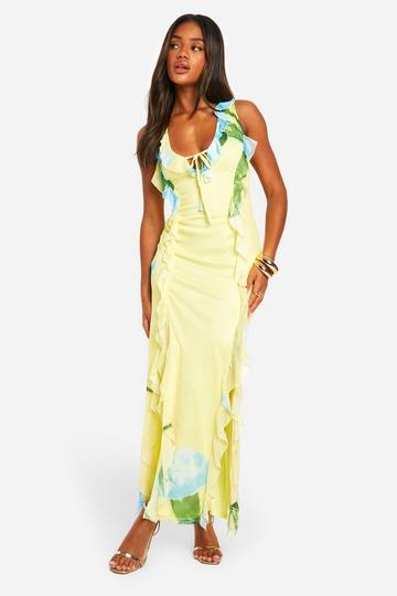 Lemon Yellow Floral Mesh Ruffle Maxi Dress