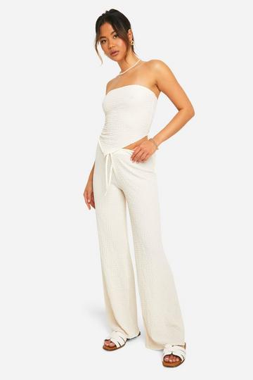 Cream White Textured Wide Leg Pants