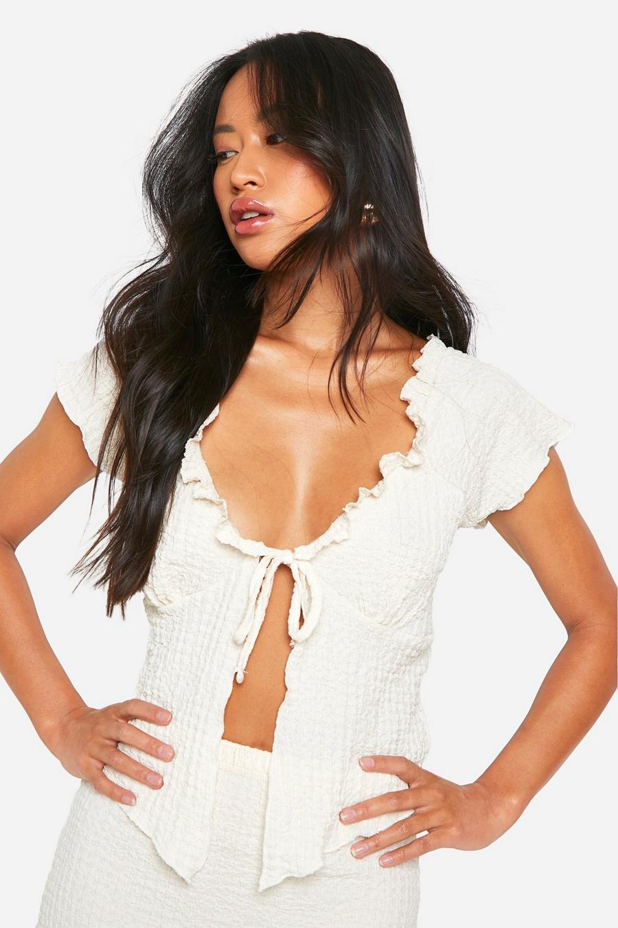 Cream Textured Cap Sleeve Frill Top image number 1