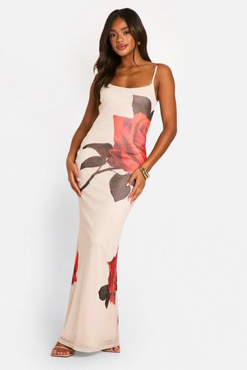 Mesh Rose Print Tie Back Maxi Dress stone