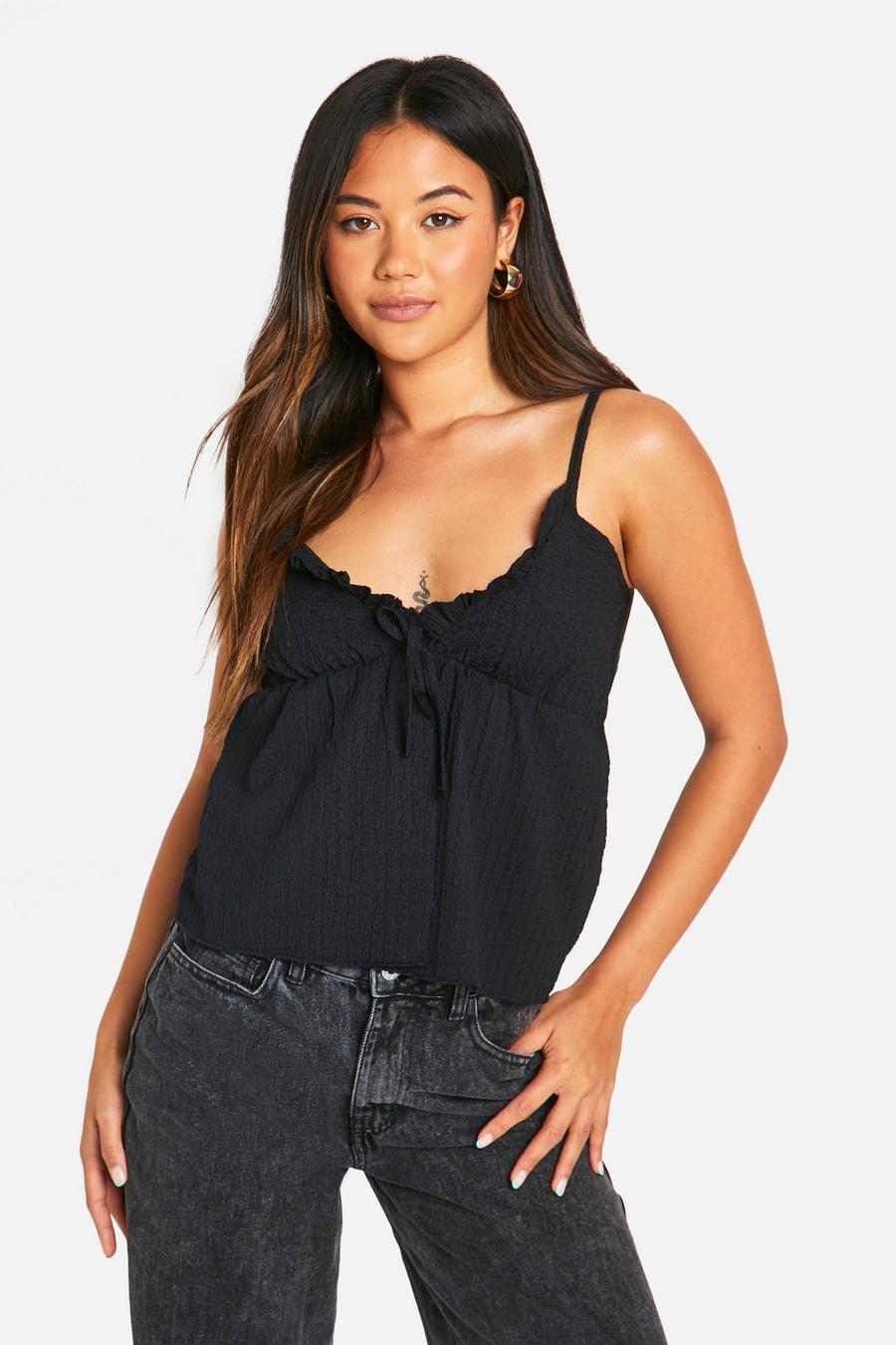 Black Textured Strappy Frill Top 