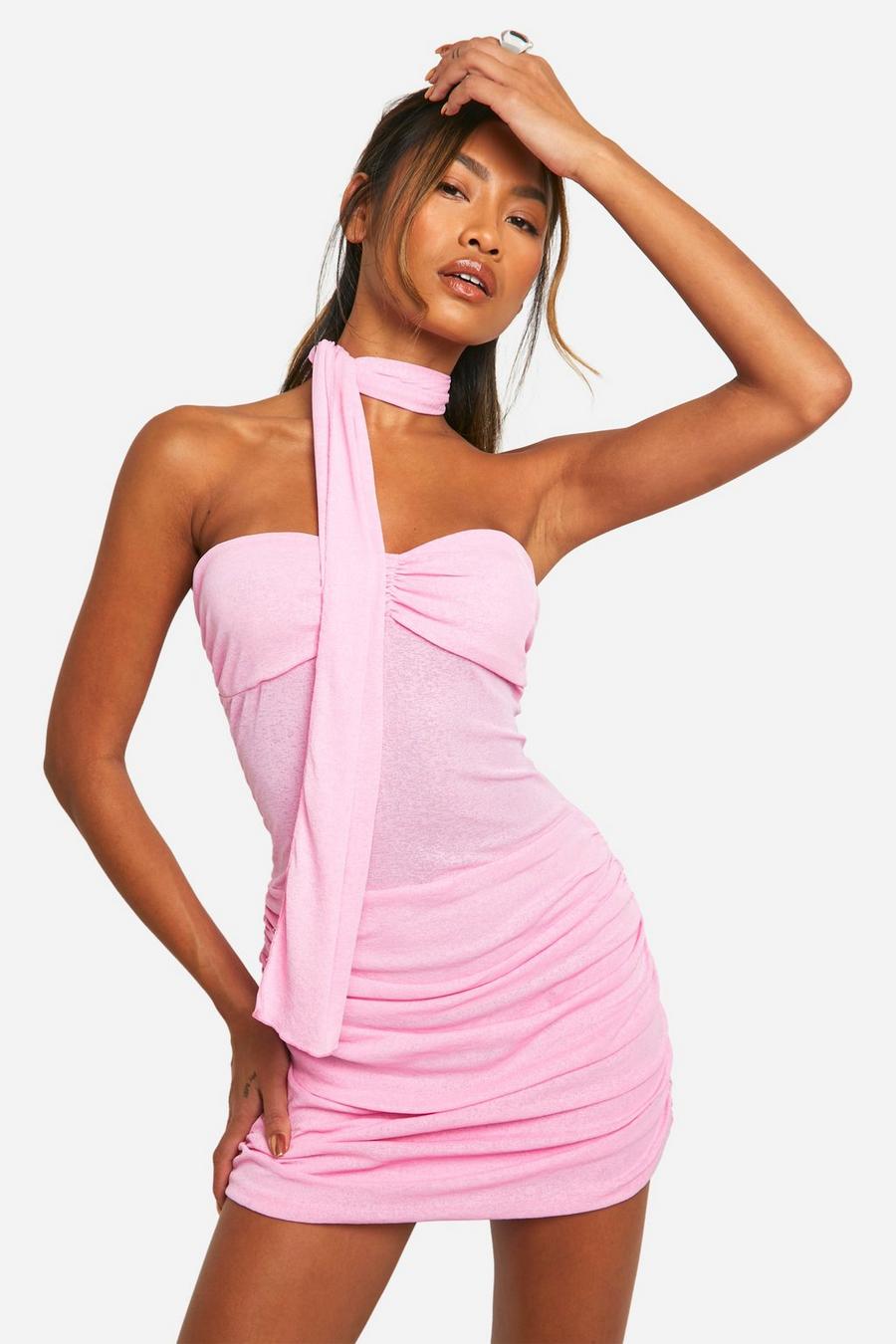 Pink Twist Sheer Mini Dress With Scarf image number 1