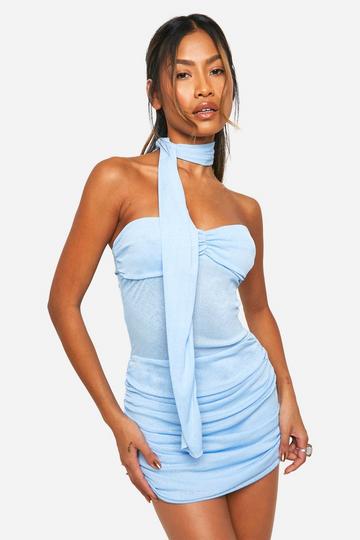 Blue Twist Sheer Mini Dress With Scarf