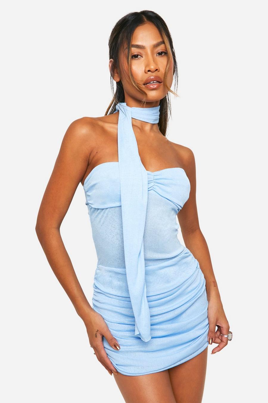 Pastel blue Onion Skin Twist Sheer Mini Dress With Scarf