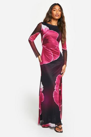 Mesh Flared Bloemen Maxi Jurk black