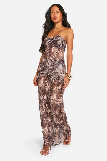 Brown Bandeau Twist Leopard Lace Maxi Dress