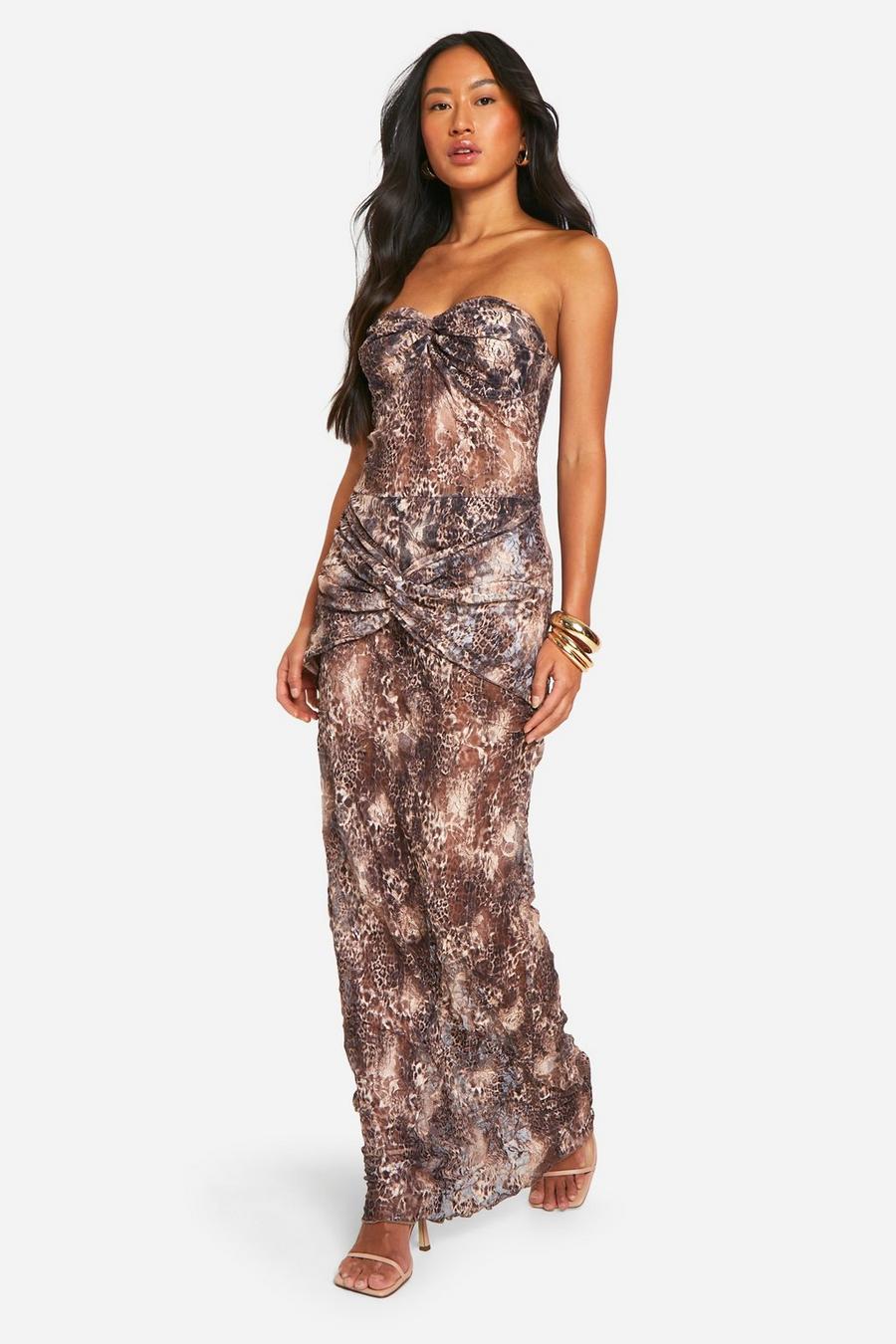 Brown Bandeau Twist Leopard Lace Maxi Dress
