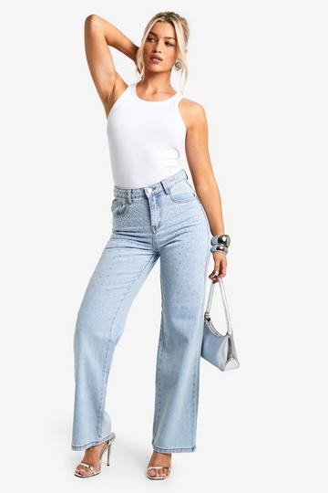 Diamante Detail Wide Leg Jeans light blue