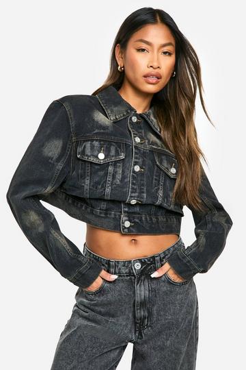 Waist Detail Distressed Denim Jacket washed black