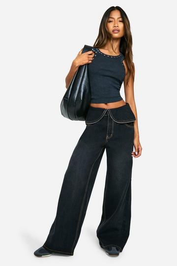 Foldover Zip Detail Wide Leg Jean vintage wash