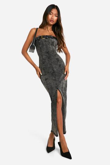 Bandeau Belt Detail Stretch Denim Midi Dress dark grey