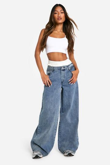 Satin Boxer Detail High Waisted Wide Leg Denim Jean washed indigo