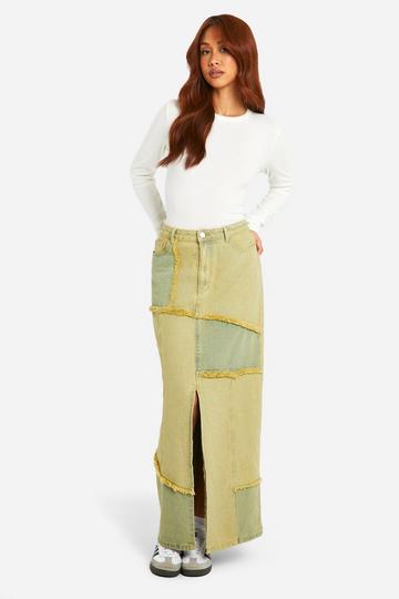 Patchwork Greenwash Fray Detail Split Front Denim Maxi Skirt vintage wash
