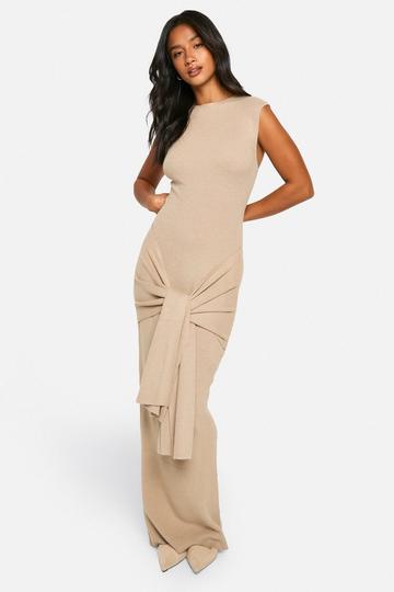 Petite Premium Rib Knit Tie Waist Detail Maxi Dress oatmeal