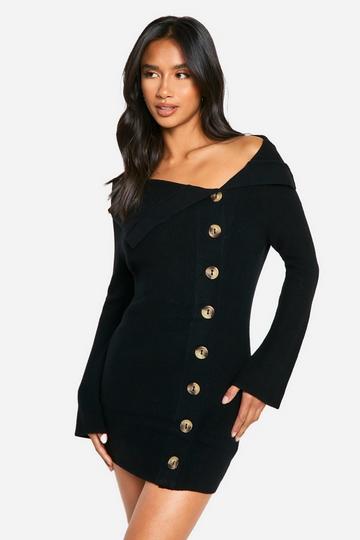 Black Petite Premium Rib Knit Foldover Detail Button Down Mini Dress