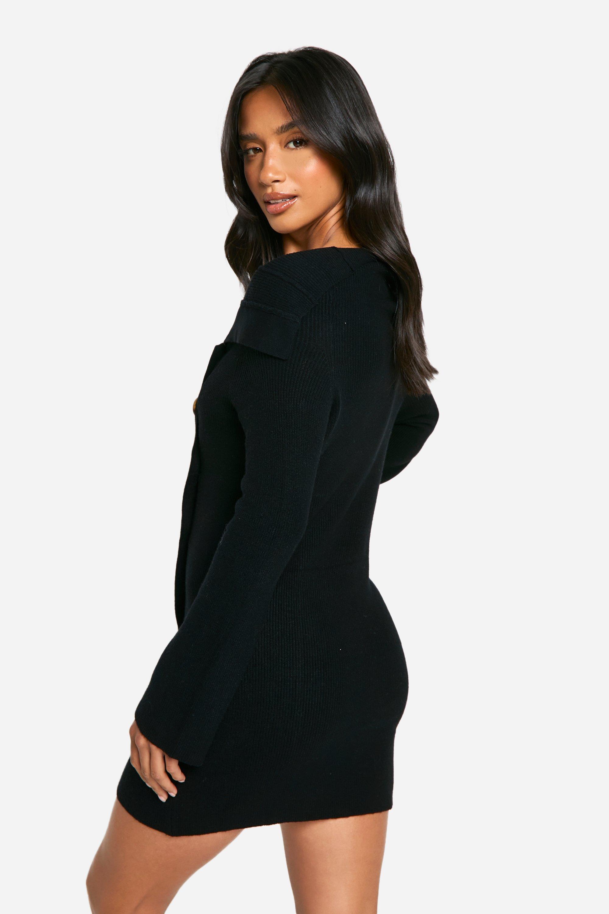 Petite Premium Rib Knit Foldover Detail Button Down Mini Dress