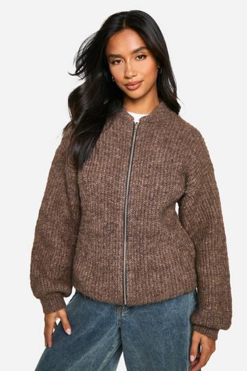 Petite Oversized Zip Through Knitted Bomber Jacket mocha