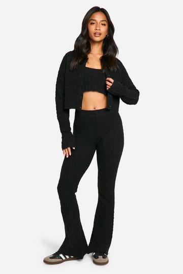 Petite Soft Cable Knitted Cardigan, Crop Top And Flare Leg Trouser 3 Piece Set black