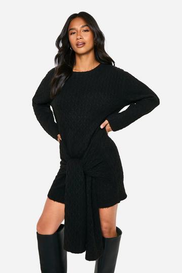 Petite Zachte Gebreide Oversized Grof Gebreide Mini Jurk Met Strik black