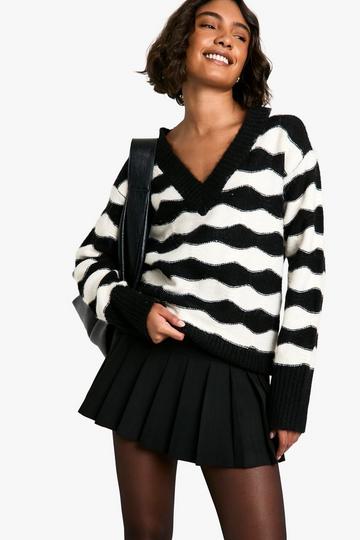 Black Tall V Neck Chevron Strip Oversized Knitted Sweater