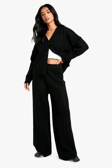 Petite Zachte Gebreide Dik Geribbelde Cardigan En Wide Leg Broek Set black