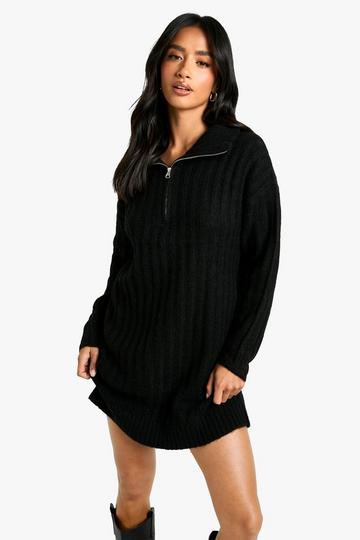 Petite Soft Knit Thick Rib Zip Neck Oversize Mini Dress black