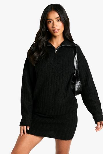 Black Petite Soft Knit Thick Rib Zip Neck Oversized Jumper And Mini Skirt Set