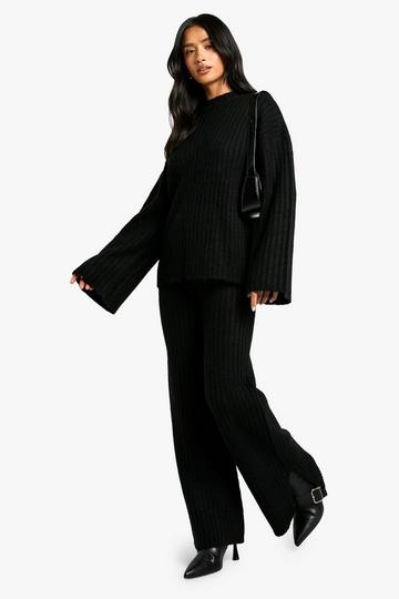 Petite Soft Knit Thick Rib Crew Neck Oversized Jumper And Knitted Trouser Set black