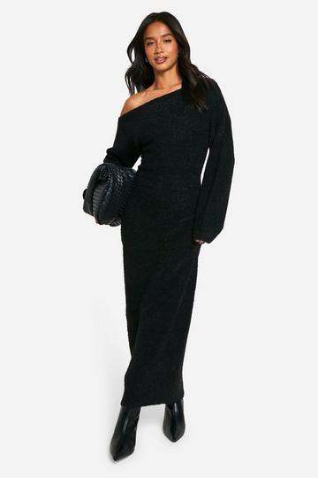 Petite Off The Shoulder Borg Knitted Maxi Dress black