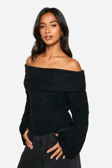 Petite Off The Shoulder Borg Knit Jumper black