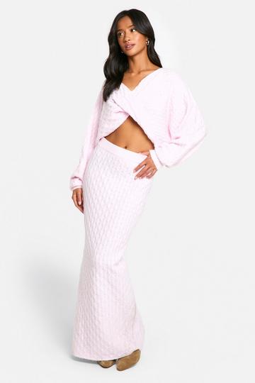 Pink Petite Soft Cable Twist Front Crop Sweater And Maxi Skirt Set