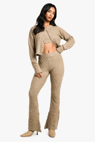 Petite Soft Cable Knitted Cardigan, Crop Top And Flare Leg Pants 3 Piece Set mocha