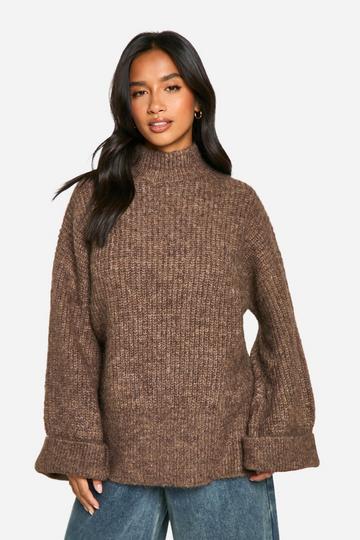 Petite Oversized Gebreide Trui Met Hoge Hals mocha